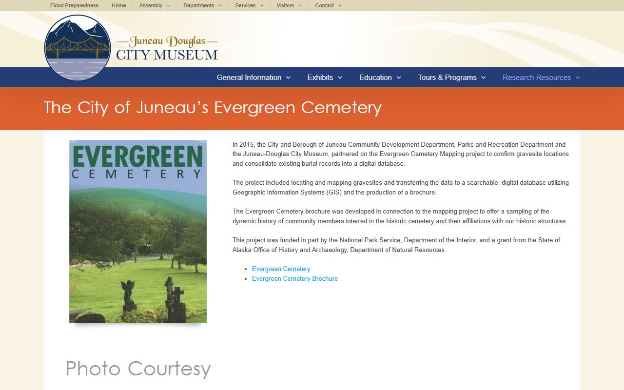 Evergreen Cemetery searchable database Juneau