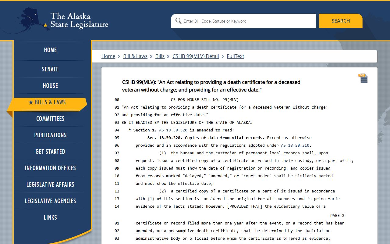 Alaska Death Index - Alaska Veteran Death Certificate Law HB 99